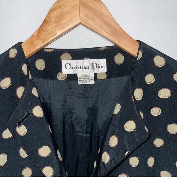 Christian Dior Vintage Silk Blazer Jacket Women's Size 8 Black Tan Polka Dot Top - Picture 10 of 12